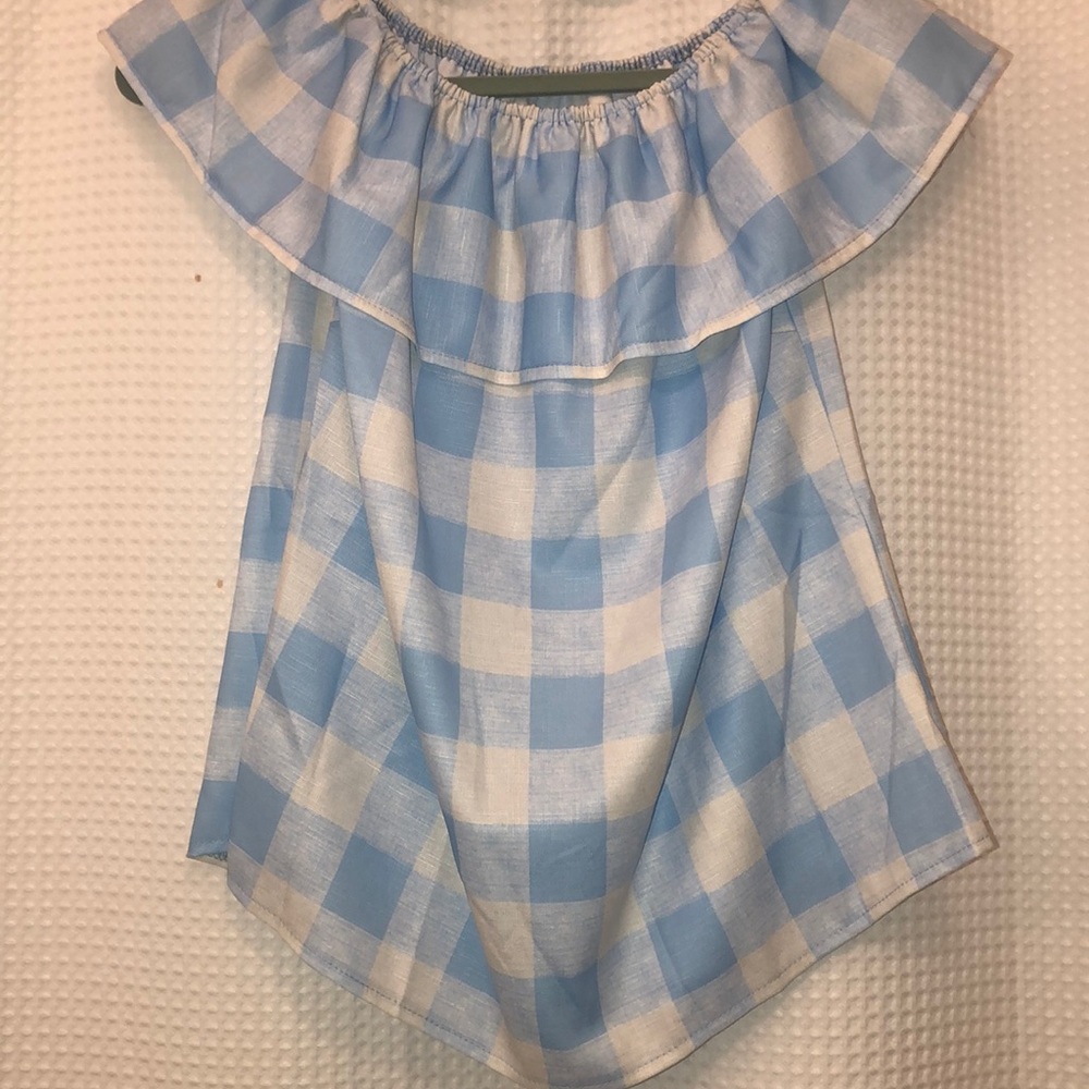 Light blue and white gingham off the shoulder top